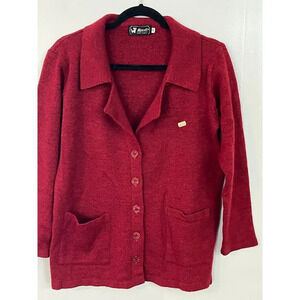 VTG Mazet Paris Women Jacket Cardigan Solid Red Sz M Wool Collared Long Sleeve